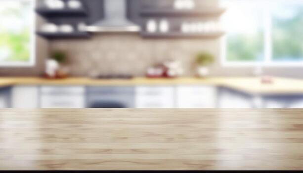 Stylish Wooden Table Top on Blurred Kitchen Background - Ideal for Product Displays and Design Layouts photo