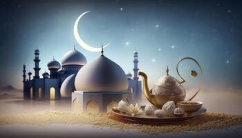 Ramadán saludo bandera con dorado estilista, 3d representación antecedentes ai generado foto