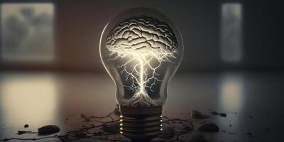 Brain inside big light bulb illustration photo