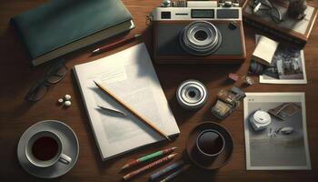 3D Rendered Bird's Eye View of a Busy Desk Scene photo