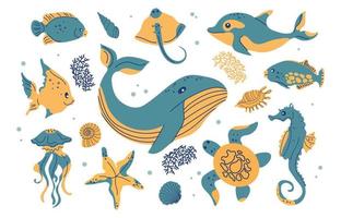 dibujos animados mar animales habitantes de el mar mundo, lindo, gracioso submarino criaturas delfín, caballito de mar, ballena, tortuga, conjunto de medusas de submarino marina vida vector ilustraciones.