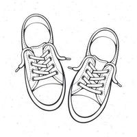 Hand drawn doodle of pair textile sneaker with rubber toe and loose lacing vector