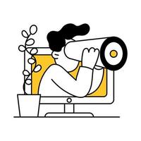 Businessman and internet searching, research process with binoculars looking forward. Mission for discovery innovation. Cute cartoon linear man looks out of the computer monitor vector