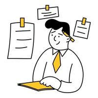 Handsome business man writes notes on paper and stickers, develops a project in the office, conducts analysis, engages in creative thinking, makes a launch plan. Thin line vector illustration on white