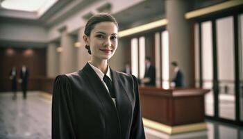 a beautiful smiling female prosecutor wearing prosecutor's robe inside a blurry courthouse photo