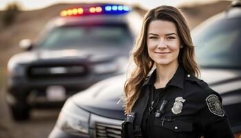 a beautiful smiling young female police beside of a blurry traffic light and police car background photo