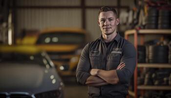 un hermosa sonriente joven masculino mecánico en frente de un auto reparar tienda antecedentes ai generado foto