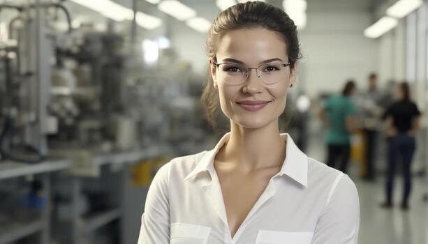 a beautiful smiling young female scientist in front of a blurry white laboratory background photo