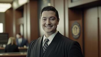 a beautiful smiling male prosecutor wearing prosecutor's robe inside a blurry courthouse background photo