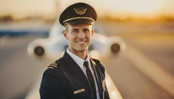 un hermosa sonriente joven masculino piloto en frente de un borroso aeropuerto antecedentes ai generado foto