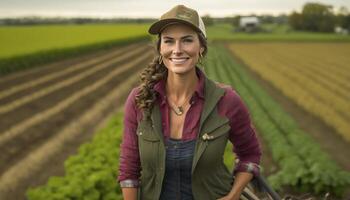 a beautiful smiling young female farmer in front of a farm background photo