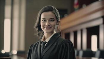 a beautiful smiling female prosecutor wearing prosecutor's robe inside a blurry courthouse photo