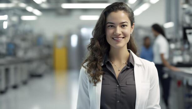 a beautiful smiling young female scientist in front of a blurry white laboratory background photo