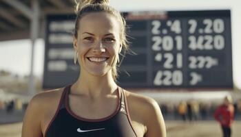 a beautiful smiling young female athlete in front of a sport stadium background photo