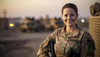 un hermosa sonriente joven hembra soldado en frente de un borroso militar base antecedentes ai generado foto