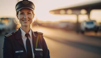 a beautiful smiling young pilot in front of a blurry airport background photo