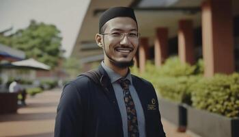 a beautiful smiling young male teacher in front of a blurry school background photo