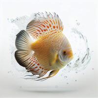 An ultra realistic Discus fish that jumps by splashing on a white background photo