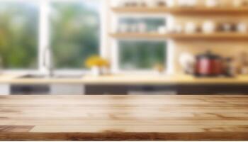 Stylish Wooden Table Top on Blurred Kitchen Background - Ideal for Product Displays and Design Layouts photo