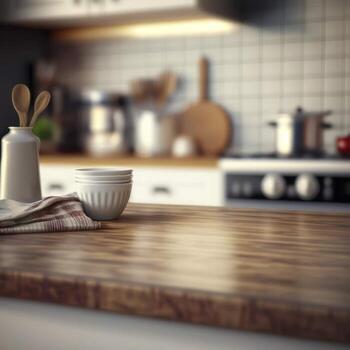 Stylish Wooden Table Top on Blurred Kitchen Background - Ideal for Product Displays and Design Layouts photo