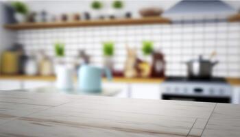 Stylish Wooden Table Top on Blurred Kitchen Background - Ideal for Product Displays and Design Layouts photo