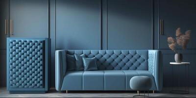 moderno vivo habitación diseño con azul acentos un elegante y atractivo espacio ai generado foto