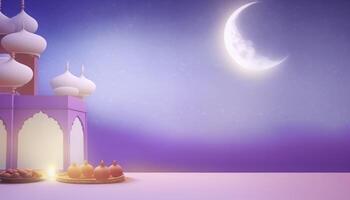Ramadán saludo bandera con colorido púrpura antecedentes ai generado foto