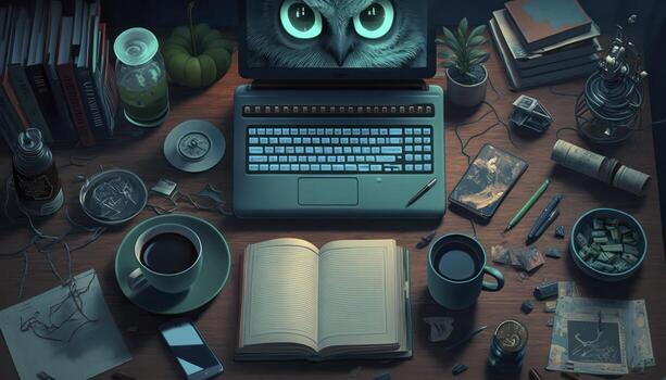 Retro Inspired An 80s Red and Green Spooky Glowy Desk Scene photo