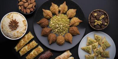 Delicious Dried Fruits, Nuts, Dates, and Baklava on Black Background photo