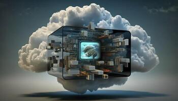 Holographic Cloud Data System 3D Render of Computing and Data Transfer photo