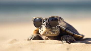 Tortuga en el playa con Gafas de sol ai generado foto