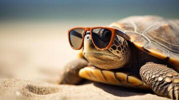 Tortuga en el playa con Gafas de sol ai generado foto