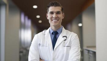 un hermosa sonriente joven masculino médico en frente de un borroso blanco hospital laboratorium antecedentes ai generado foto