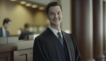 a beautiful smiling male prosecutor wearing prosecutor's robe inside a blurry courthouse background photo