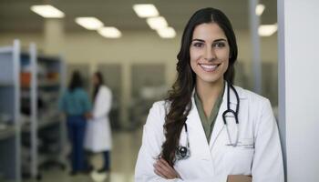 un hermosa sonriente joven hembra médico en frente de un borroso blanco hospital laboratorium antecedentes ai generado foto