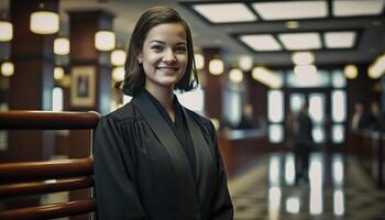 a beautiful smiling female prosecutor wearing prosecutor's robe inside a blurry courthouse photo