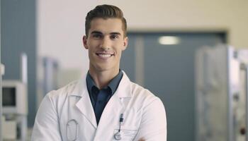 un hermosa sonriente joven masculino médico en frente de un borroso blanco hospital laboratorium antecedentes ai generado foto