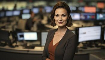 a beautiful smiling young female journalist in front of a blurry newsroom background photo