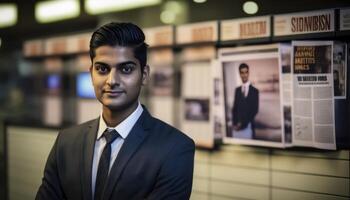 a beautiful smiling young male journalist in front of a blurry newsroom background photo