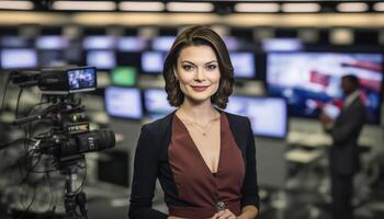 un hermosa sonriente joven hembra periodista en frente de un borroso sala de prensa antecedentes ai generado foto