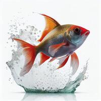 An ultra realistic Cardinal tetra fish that jumps by splashing on a white background photo