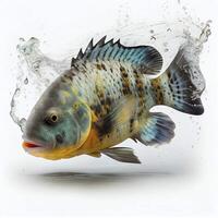 An ultra realistic Jack Dempsey Cichlid fish that jumps by splashing on a white background photo