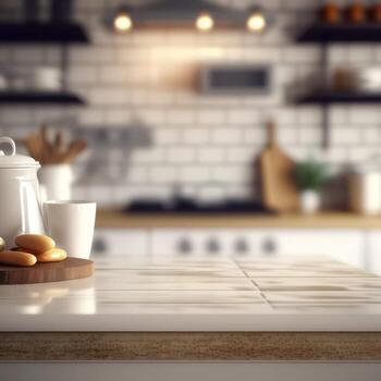 Stylish Wooden Table Top on Blurred Kitchen Background - Ideal for Product Displays and Design Layouts photo