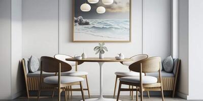 redondo de madera mesa y sillas un moderno giro en comida habitación diseño ai generado foto