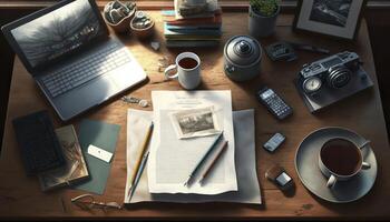 3D Rendered Bird's Eye View of a Busy Desk Scene photo