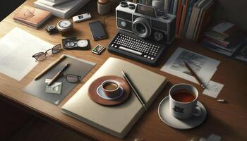 3D Rendered Bird's Eye View of a Busy Desk Scene photo