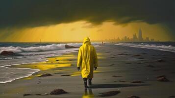 hazmat suit scientist sunset on the beach photo