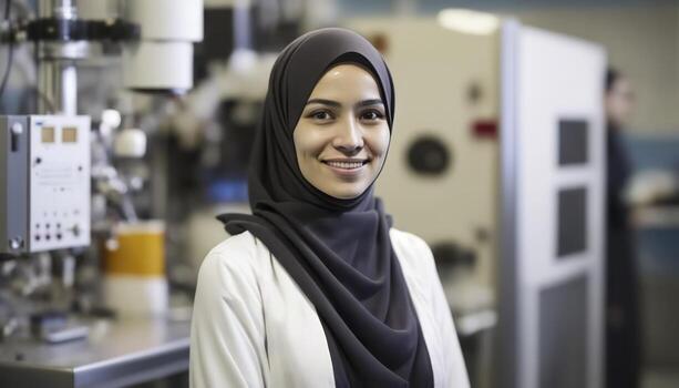 a beautiful smiling young female scientist in front of a blurry white laboratory background photo