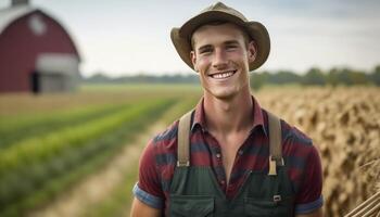 un hermosa sonriente joven masculino granjero en frente de un granja antecedentes ai generado foto