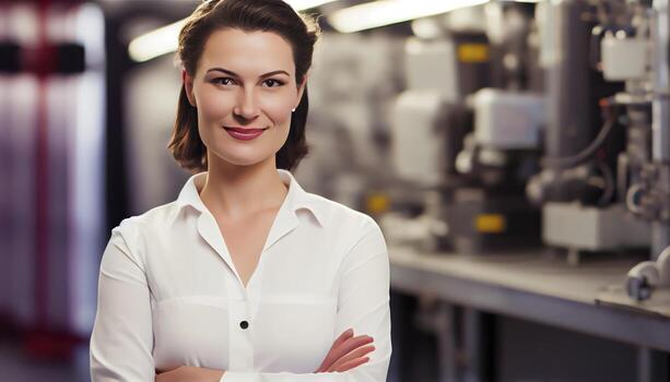 a beautiful smiling young female scientist in front of a blurry white laboratory background photo